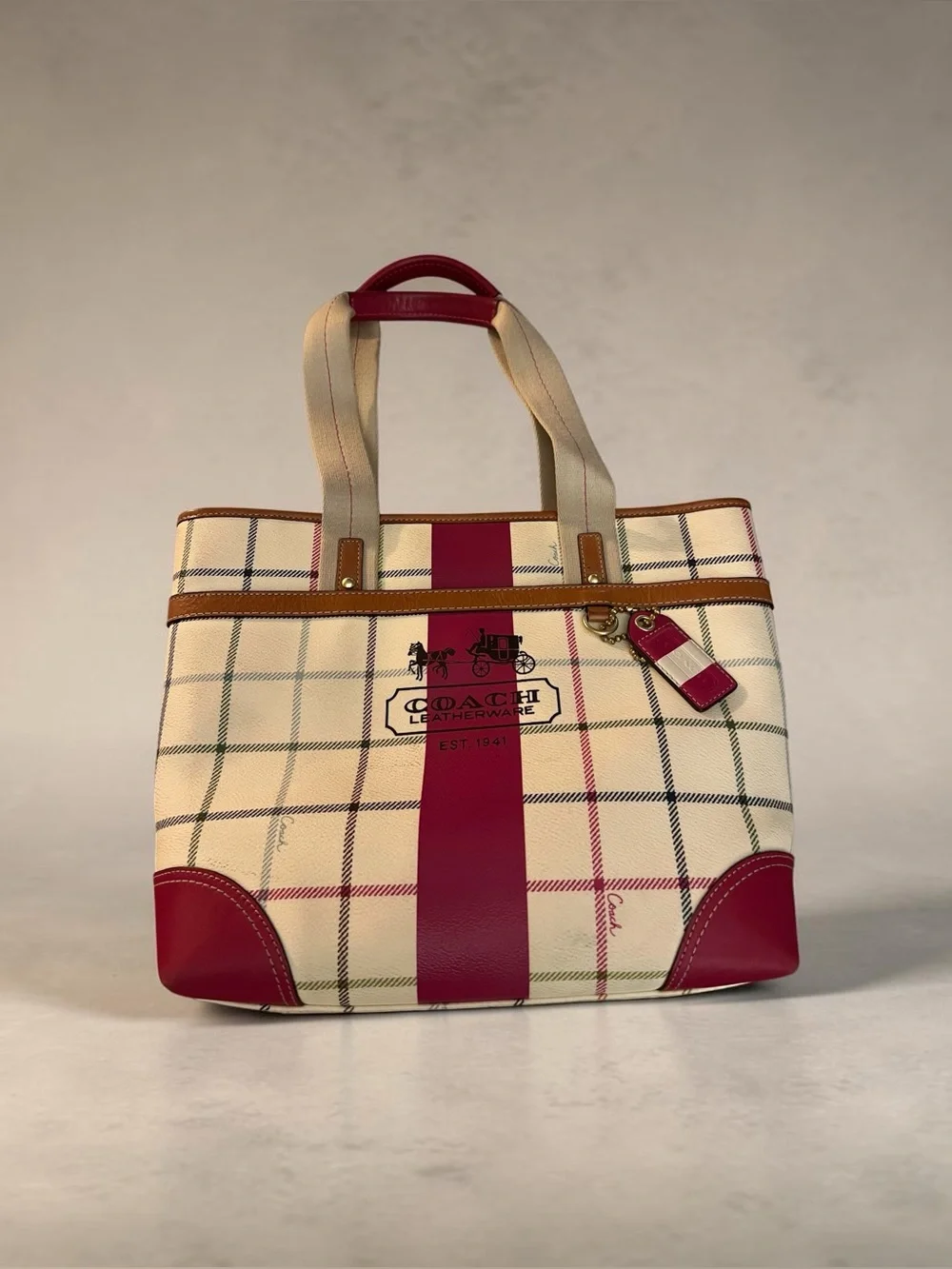 Vintage COACH Heritage Stripe Tattersall Plaid Tote Bag Magenta